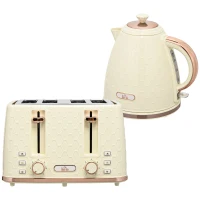 HOMCOM 2-in-1 Küchenset, Toaster und Wasserkocher, mehrere Optionen, 1,7 L, 4 Toastscheiben gleichzeitig, Kunststoff, Beige(m-1)