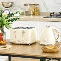 HOMCOM 2-in-1 Küchenset, Toaster und Wasserkocher, mehrere Optionen, 1,7 L, 4 Toastscheiben gleichzeitig, Kunststoff, Beige(m-2)
