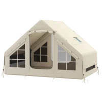 Outsunny Inflatable Camping Tent with Pump and Stove Jack Hole, Easy Setup 2-4 Person Blow Up Tent, Waterproof Luxury Inflatable Tent with Mesh Windows, Doors, Hook and Carry Bag, Beige(m-11)