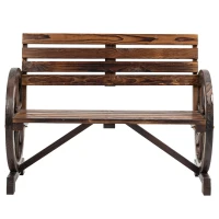 Outsunny Gartenbank, Wagenrad-Design, für 2 Personen, Naturholz, dunkelbraun, 105,5 x 56 x 79cm(m-11)