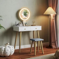 HOMCOM Tocador con Espejo Redondo Luces LED Ajustables y Taburete Acolchado con 2 Cajones y Organizador de Maquillaje Blanco(m-2)