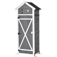 Outsunny Gartenschrank Holz, Geräteschuppen wetterfest 78x52,5x182cm, Gerätehaus mit Tür, Satteldach, Geräteschrank mit Haken, faltbar Tisch, Werkzeugschrank Gartenschuppen für Garten, Terrasse, Grau(m-13)