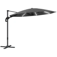 Outsunny Aluminiowy Parasol Ogrodowy LED Solar Ø300 cm Regulowana Wysokość z Korbką UV50+ Ciemnoszary(m-10)
