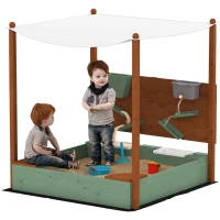 AIYAPLAY Wood Sandpit with Canopy, Storage Bins, Funnel, Liner, Chutes, Bucket with Tap, 116 x 112.5 x 128 cm, Green(m-10)