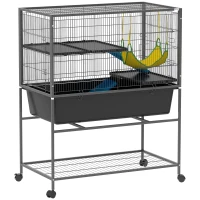 PawHut Jaula para Animales Pequeños de 3 Niveles con Rampas Antideslizantes Puertas Amplias y Ruedas con Freno 88x48x102cm Gris(m-10)