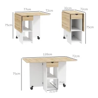 HOMCOM Mesa de Cocina Plegable con Ruedas Alas Abatibles Cajón y Estantes para 2-4 Personas 120x72x75 cm Roble y Blanco(m-3)