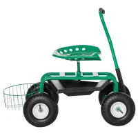 Outsunny Gartenwagen mit Rollsitz bis 150 kg mit Ablage Korb für kleine Gartengeräte Werkstattwagen fahrbar Gartensitz Richtung steuerbar Sitzhöhe 46-59 cm höhenverstellbar Metall Gummi Grün(m-11)