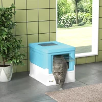 PawHut Hooded Cat Litter Box, Portable Pet Toilet, with Scoop, Front Entry - Light Blue(m-2)