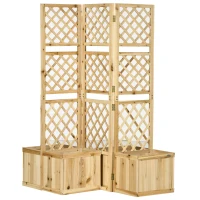 Outsunny Paravent, Sichtschutz für Garten, dreifach klappbar, 4 Blumenkästen, Massivholz, Naturfarbe, 133 x 62 x 165 cm(m-12)