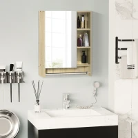 kleankin Armario de Baño de Pared con Espejo Estantes Ajustables y Toallero Diseño Compacto para Lavabo o WC 60x15x70 cm Roble(m-2)