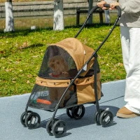 PawHut Carrinho para Animais de Estimação Dobrável com Janela de Malha Almofada Lavável Arnês de Segurança 82x47x97cm Marrom(m-2)