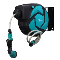 DURHAND Schlauchtrommel mit Gartenschlauch 10 m Wasserschlauchaufroller mit automatische Aufrollung Wandschlauchbox 180° schwenkbar mit Multibrause Frostschutz -5–45 °C Grün + Schwarz(m-15)