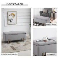 HOMCOM Banc de rangement coffre de rangement design contemporain- banc avec espace de stockage - dim. 100L x 40l x 42H cm - velours gris clair piètement métal doré(m-4)