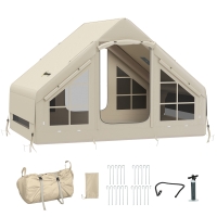 Outsunny Inflatable Camping Tent with Pump, Stove Jack Hole, Easy Setup 2-4 Person Family Blow Up Tent, Waterproof Glamping Luxury Inflatable Tent, Mesh Windows, Doors, Hook, Carry Bag, Beige