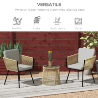 Outsunny Set da Esterno con Tavolino in Vetro e 2 Sedie da Giardino in Rattan Stile Boho, Caffè(m-7)