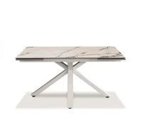 E-STYLO Tavolo allungabile con top in ceramica marmo bianco calacatta e vetro temperato, gambe in metallo verniciato bianco, 90cm X 160/240cm H.76cm(m-1)