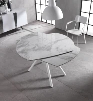 E-STYLO Tavolo allungabile con top marmo bianco in ceramica su vetro temperato gambe in metallo bianco, 90cm X 120/180cm H.76cm(m-4)