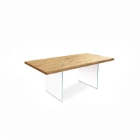 E-STYLO Tavolo allungabile con top in rovere naturale impiallacciato e bordo massellato, gambe in vetro temperato extra trasparente, 100cm X 200/300cm H. 76cm.(m-1)