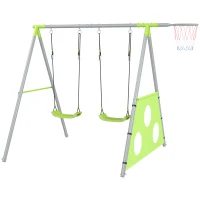 AIYAPLAY Gioco per Bambini 3 in 1 con Altalena da Giardino, Canestro e Porta da Calcio, 238x180x182 cm,, Verde e Grigio(m-10)