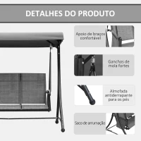 Outsunny Baloiço de 3 Lugares para Jardim ou Varanda com Toldo Ajustável e Bolsos Laterais 196x128x172 cm Cinzento Escuro(m-6)