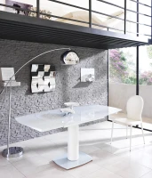 E-STYLO Tavolo allungabile con top bianco in vetro temperato  e base in metallo bianco, 90cm X 120/180cm H.76cm(m-2)
