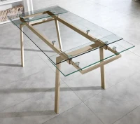 E-STYLO Tavolo allungabile con top tortora in vetro temperato e gambe in metallo tortora, 80cm X 140/200cm H.76cm(m-5)