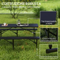 Outsunny Set da Pic Nic Pieghevole a 3 Pezzi con Tavolo e 2 Panche in HDPE e Metallo, Nero(m-5)