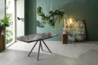 E-STYLO Tavolo allungabile con top marmo grigio in ceramica su vetro e gambe in metallo antracite, 90cm X 120/180 cm H.76cm(m-3)