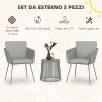 Outsunny Set da Esterno con Tavolino in Vetro e 2 Sedie da Giardino in Rattan Stile Boho, Grigio Chiaro(m-4)