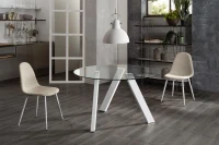 E-STYLO Tavolo fisso con top in vetro temperato e gambe in metallo bianco, 120cm X 120cm H.75cm(m-5)