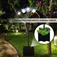Outsunny Lampa solarna z podstawą doniczki Lampa ogrodowa 3-głowicowa Wodoodporna(m-7)