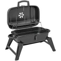 Outsunny Charcoal Barbecue Grill Folding BBQ Grill with 1232 cm² Cooking Area, Adjustable Vent, Thermometer, Handles for Camping Picnic, Black(m-1)