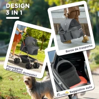 PawHut Passeggino per Cani 3 in 1 Pieghevole con Borsa Trasportino e Cestino Inferiore, Grigio(m-4)