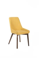 E-STYLO Sedia da pranzo in tessuto giallo con gambe e struttura in massello di noce, 62cm X 49.5cm H. 87cm.(m-5)