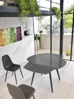E-STYLO Tavolo allungabile con top grigio in vetro temperato e gambe in metallo grigio, 90cm X 120/180cm H.76cm(m-3)