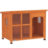 PawHut Casa para Cães de Exterior para Cães Pequenos Médios com Teto Asfáltico 2 Janelas Porta com Cortina Transparente e Base Amovível 90x62x71 cm Madeira