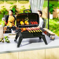 Outsunny Charcoal Barbecue Grill Folding BBQ Grill with 1232 cm² Cooking Area, Adjustable Vent, Thermometer, Handles for Camping Picnic, Black(m-9)