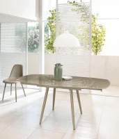 E-STYLO Tavolo allungabile con top tortora in vetro temperato e gambe in metallo tortora, 90cm X 120/180cm H.76cm(m-5)