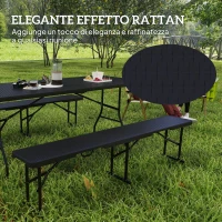 Outsunny Set da Pic Nic Pieghevole a 3 Pezzi con Tavolo e 2 Panche in HDPE e Metallo, Nero(m-4)