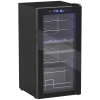 HOMCOM Kleiner Weinkühlschrank, Mini-Kühlschrank für 28 Flaschen, 74 Liter Kapazität, Glastür, LED-Beleuchtung, Touch-Screen(m-1)