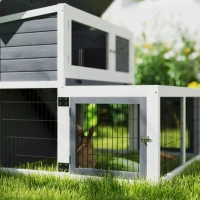 PawHut Hasenstall 2 Ebenen mit klappbar Dach Kaninchenstall aus Vollholz Winterfest Doppelstockhaus 122x95x93,5 cm Grau(m-9)