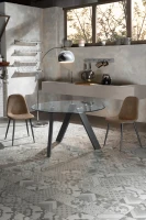 E-STYLO Tavolo fisso con top in vetro temperato e gambe in metallo grigio antracite, 120cm X 120cm H. 75cm.(m-4)