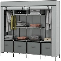 HOMCOM Dulap Portabil din Material Textil și Oțel, Garderobă cu 10 Rafturi, 4 Sertare și 2 Bare, 166x42,5x169,5 cm, Gri(m-10)