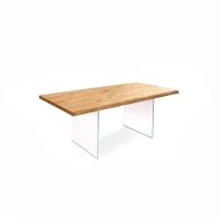 E-STYLO Tavolo fisso con top in rovere naturale impiallacciato e bordo massellato, gambe in vetro temperato extra trasparente, 90cm X 160cm H.76cm(m-1)