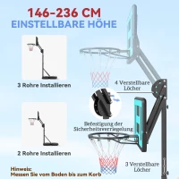 SPORTNOW Basketballkorb, 146-236 cm höhenverstellbar, Basketballständer, rollbar, Stahl, Kunststoff, Schwarz(m-4)