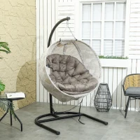 Outsunny Cadeira Suspensa com Suporte Cesto Dobrável de Malha Dupla com Almofada e Apoio para Copos 106x114x178 cm Areia e Preto(m-2)