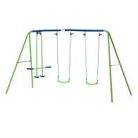 Outsunny Schaukelgestell, Outdoor-Schaukelgerüst mit 2 Schaukeln, Wippe, Kinderschaukel mit Metallgestell, Grün(m-1)