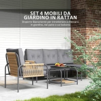 Outsunny Salotto da Giardino 4 Pezzi in Rattan con Divano, Chaise Longue, Poltrona e Tavolino con Cuscini, Grigio(m-4)