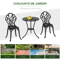 Outsunny Conjunto de Mesa e Cadeiras de Exterior 3 Peças de Alumínio com Encosto com Padrão de Tulipa e Mesa com Orifício para Chapéu de Sol Preto(m-7)