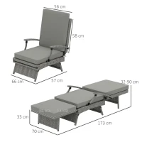 Outsunny 80° Reclining Rattan Lounger - Grey(m-3)